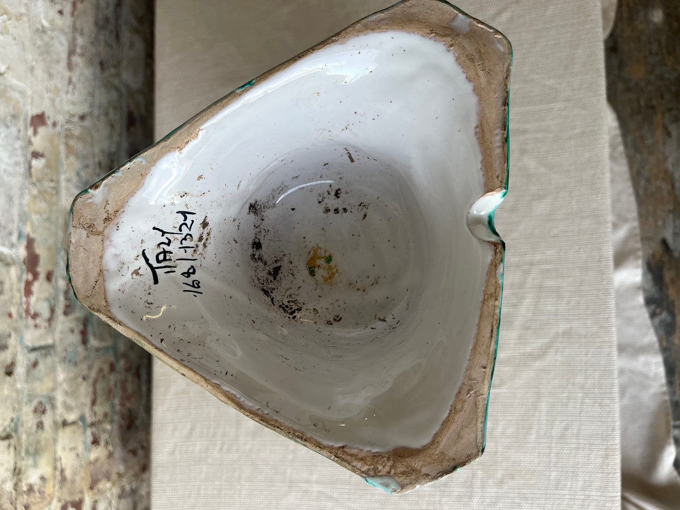 Vintage MCM Flying Fish Italian Ceramic Vase with Black & Teal Abstract Fish Motif – Hand-Painted, Signed Triangular Vase