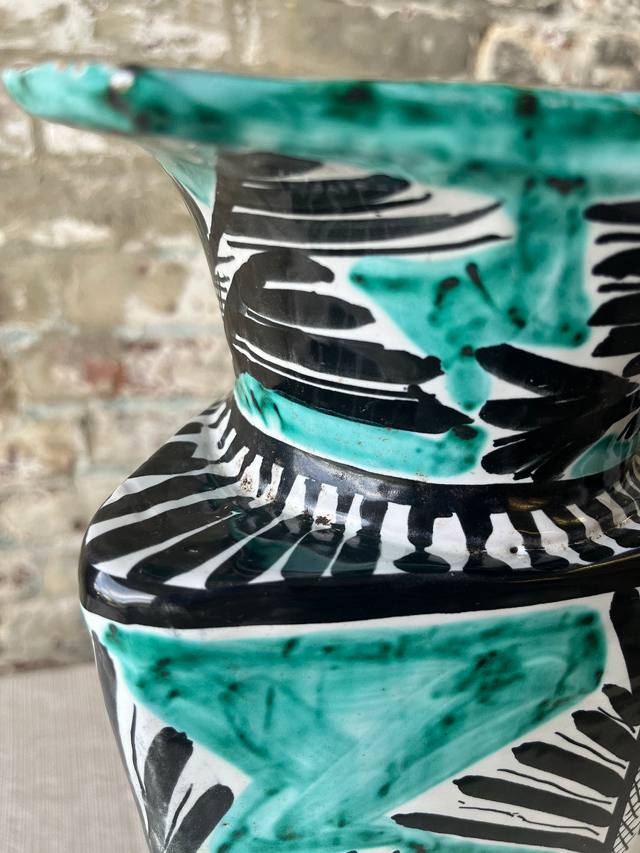 Vintage MCM Flying Fish Italian Ceramic Vase with Black & Teal Abstract Fish Motif – Hand-Painted, Signed Triangular Vase