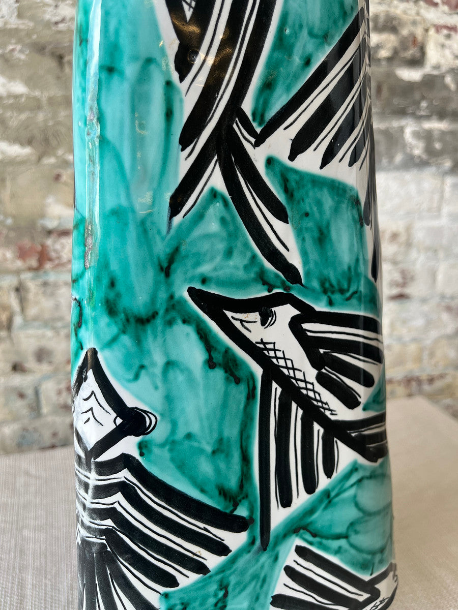 Vintage MCM Flying Fish Italian Ceramic Vase with Black & Teal Abstract Fish Motif – Hand-Painted, Signed Triangular Vase