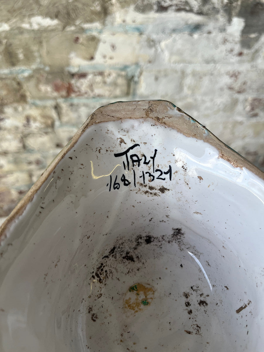 Vintage MCM Flying Fish Italian Ceramic Vase with Black & Teal Abstract Fish Motif – Hand-Painted, Signed Triangular Vase