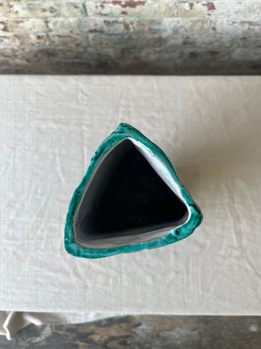 Vintage MCM Flying Fish Italian Ceramic Vase with Black & Teal Abstract Fish Motif – Hand-Painted, Signed Triangular Vase