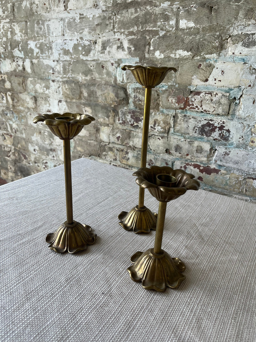 Vintage Brass Tulip Candlestick Trio – Sculptural Flower Form