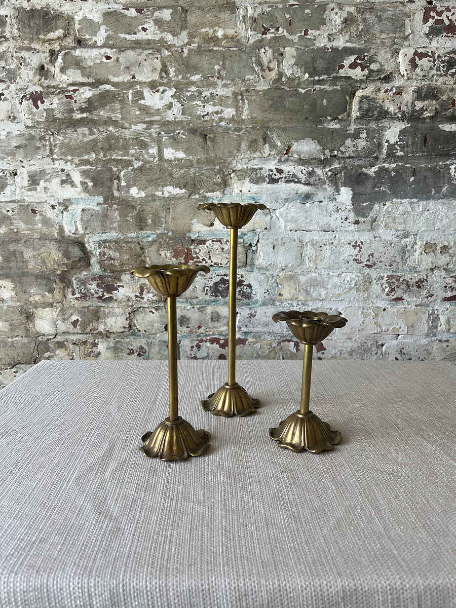Vintage Brass Tulip Candlestick Trio – Sculptural Flower Form