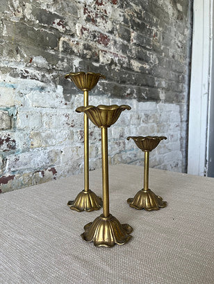 Vintage Brass Tulip Candlestick Trio – Sculptural Flower Form