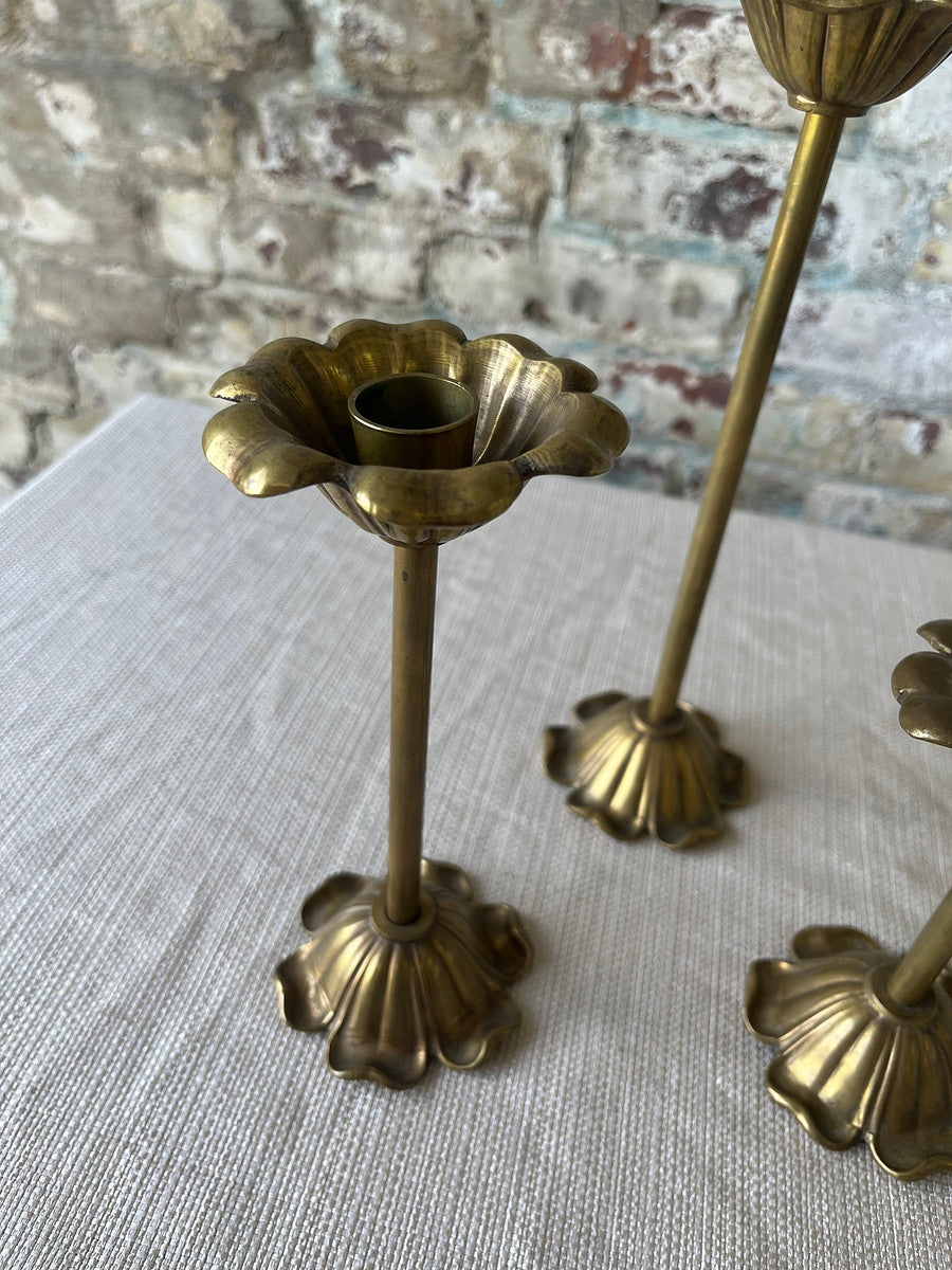 Vintage Brass Tulip Candlestick Trio – Sculptural Flower Form