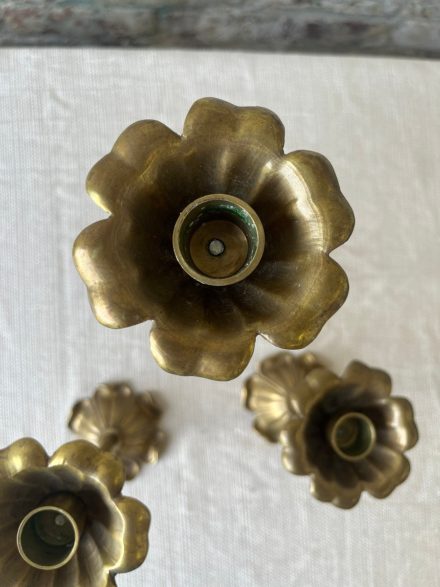 Vintage Brass Tulip Candlestick Trio – Sculptural Flower Form