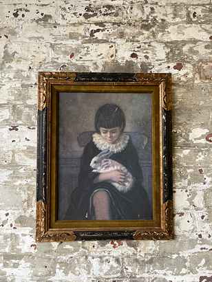 Victorian-Style Portrait of Child with Rabbit – Framed Vintage Painting