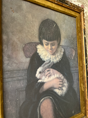 Victorian-Style Portrait of Child with Rabbit – Framed Vintage Painting
