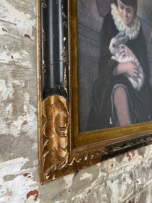 Victorian-Style Portrait of Child with Rabbit – Framed Vintage Painting