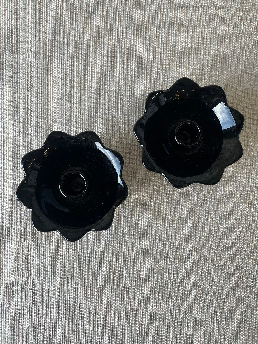 Vintage Black Glass Lotus Candle Holders – Footed Pair