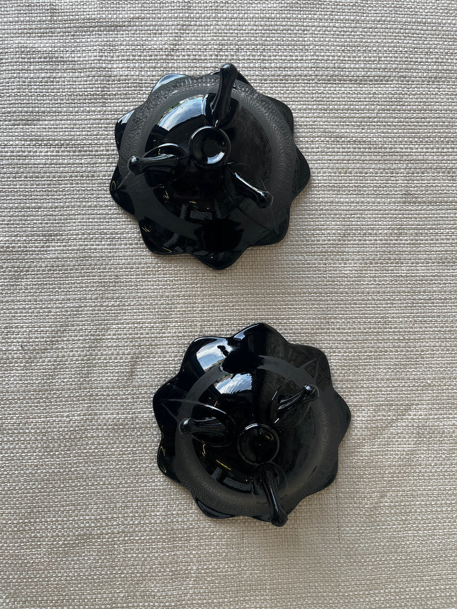 Vintage Black Glass Lotus Candle Holders – Footed Pair