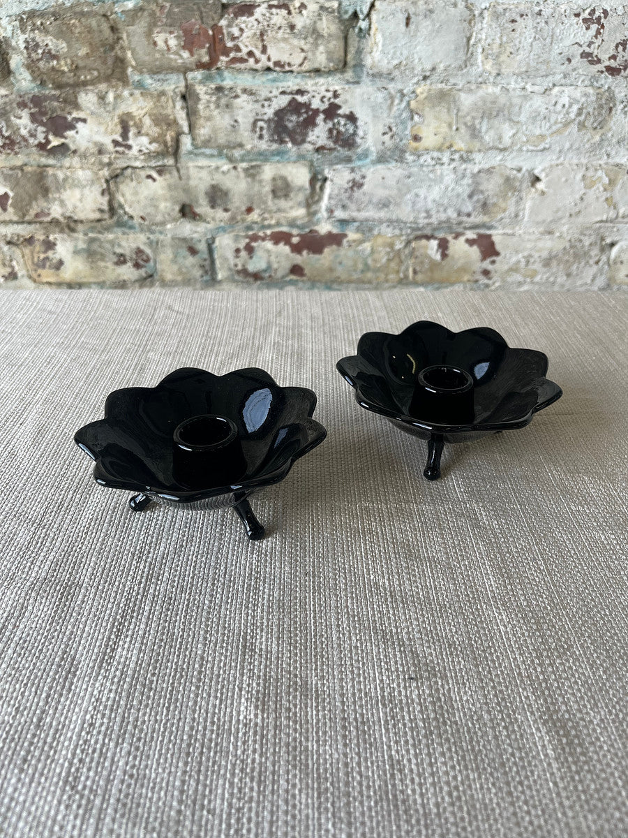 Vintage Black Glass Lotus Candle Holders – Footed Pair