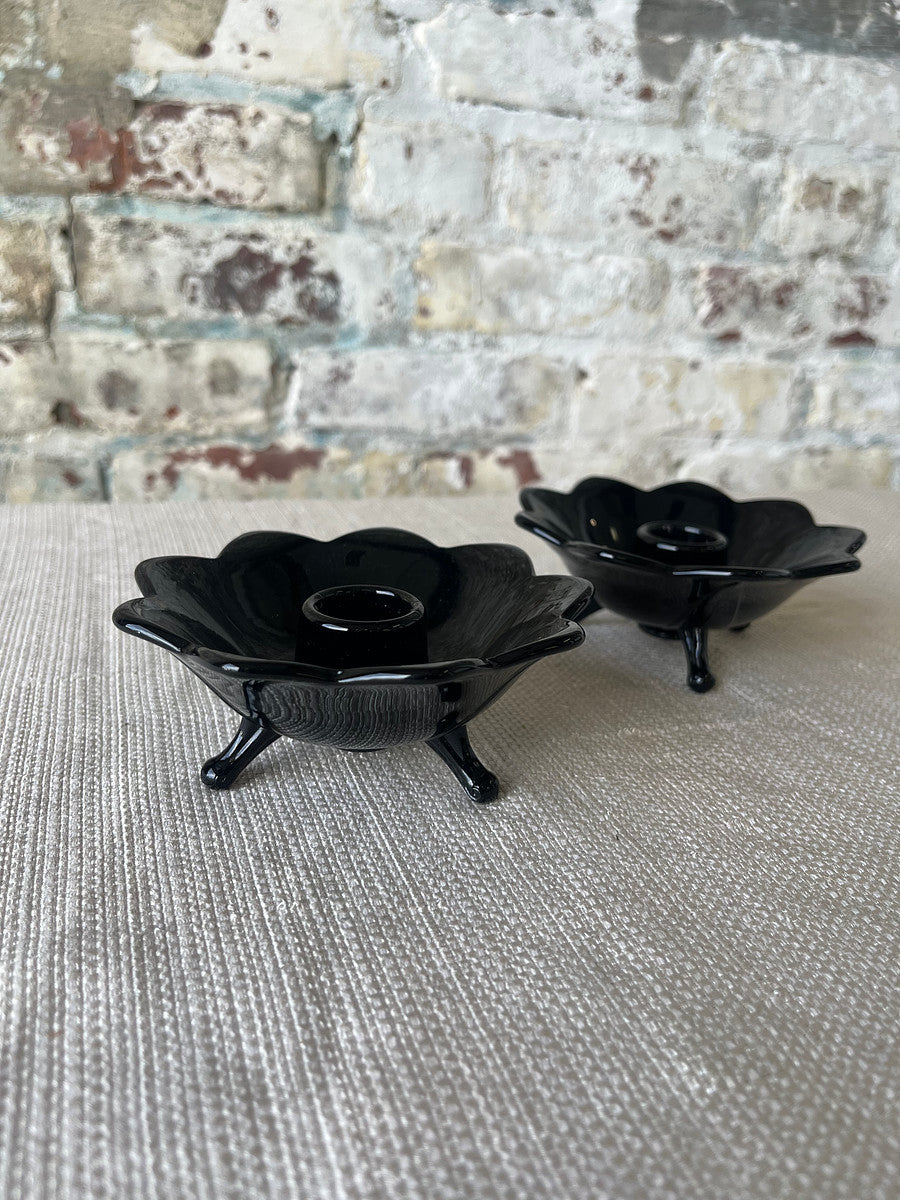 Vintage Black Glass Lotus Candle Holders – Footed Pair