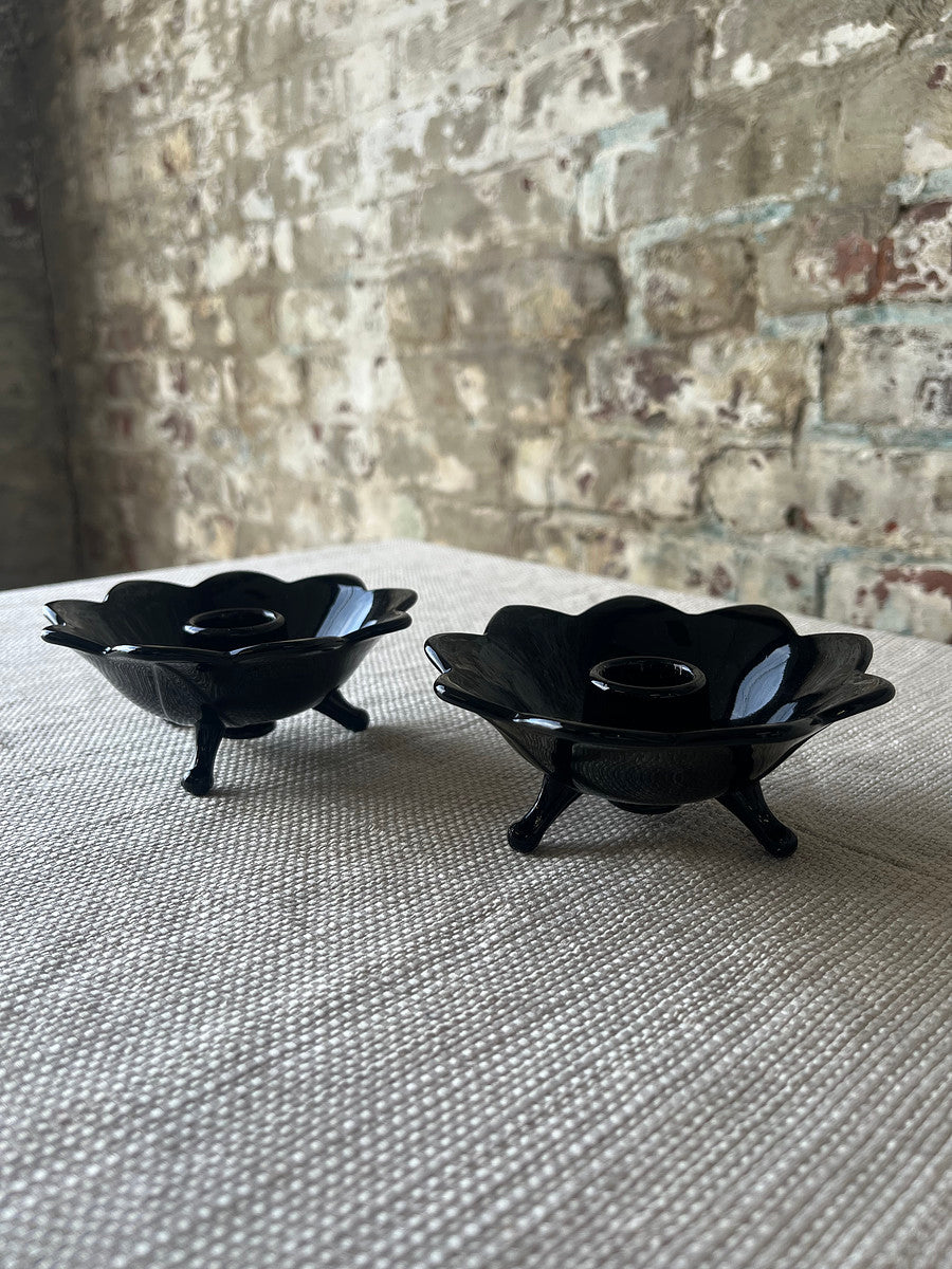 Vintage Black Glass Lotus Candle Holders – Footed Pair