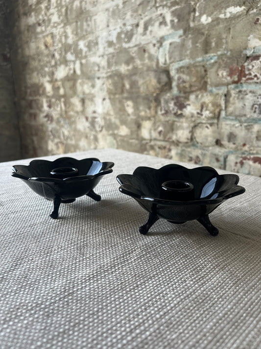 Vintage Black Glass Lotus Candle Holders – Footed Pair