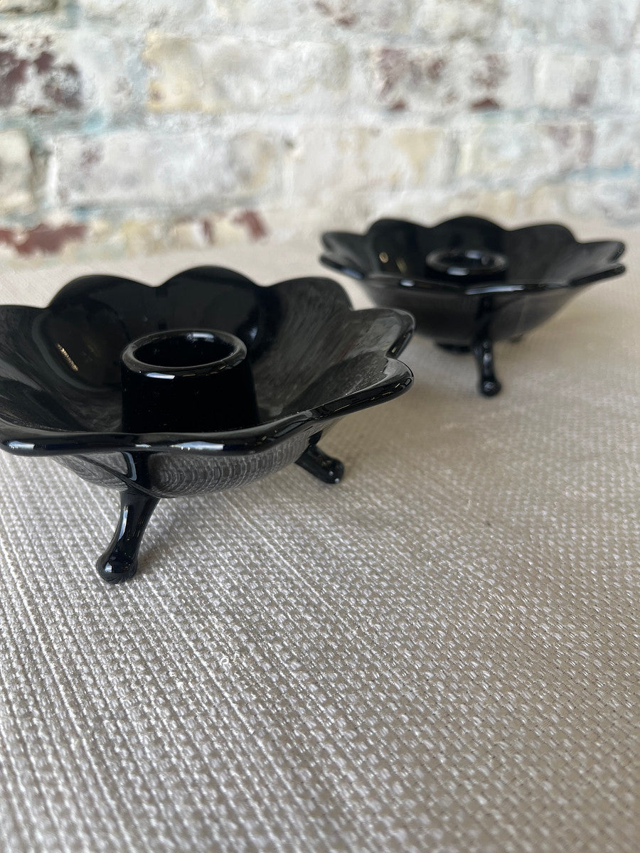 Vintage Black Glass Lotus Candle Holders – Footed Pair