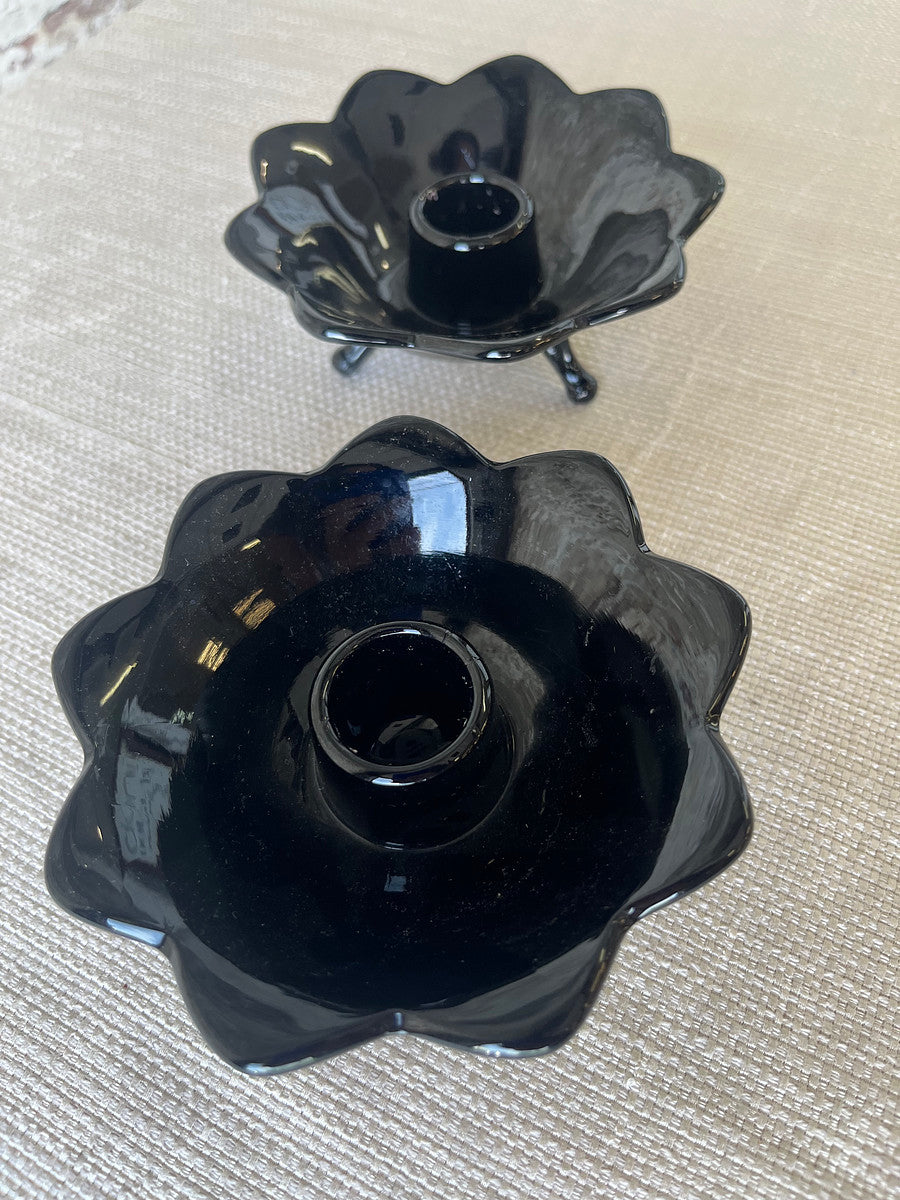 Vintage Black Glass Lotus Candle Holders – Footed Pair