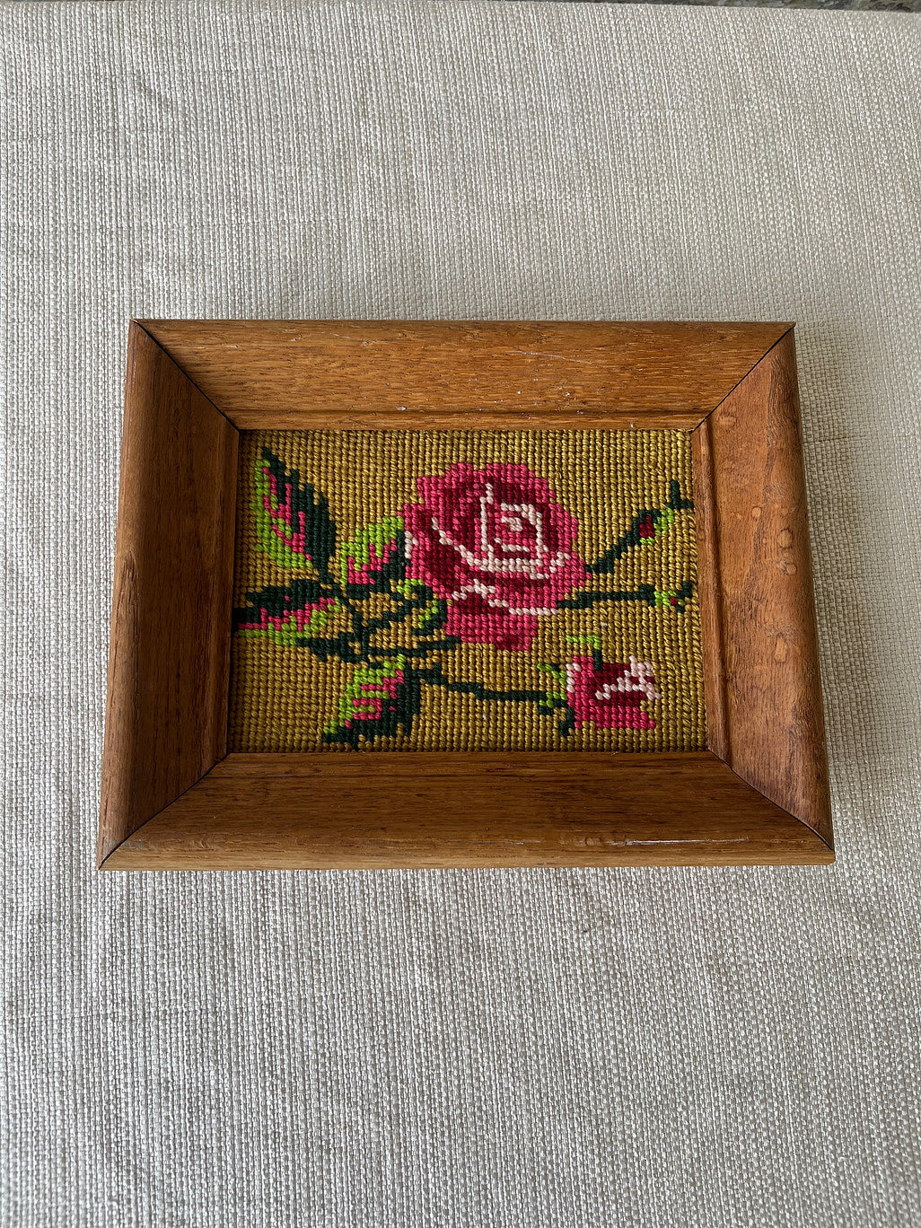 Vintage Framed Needlepoint Rose | Mid-Century Floral Wall Art
