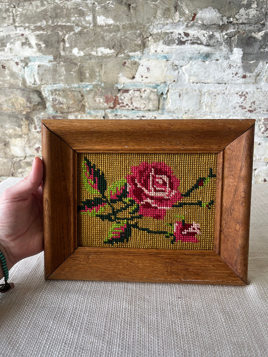 Vintage Framed Needlepoint Rose | Mid-Century Floral Wall Art