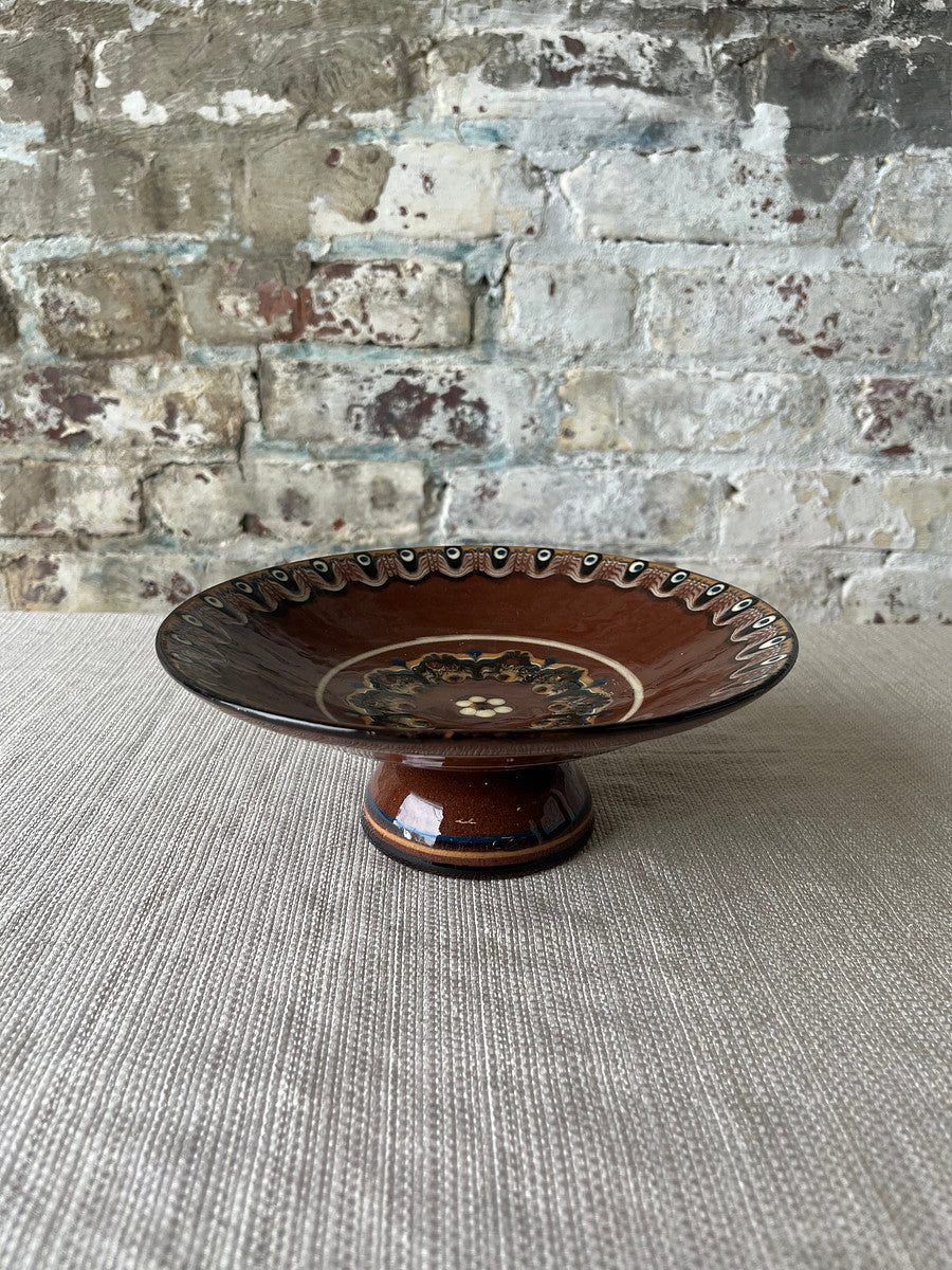 Vintage Romanian Pottery Pedestal Bowl – Handcrafted Folk Art