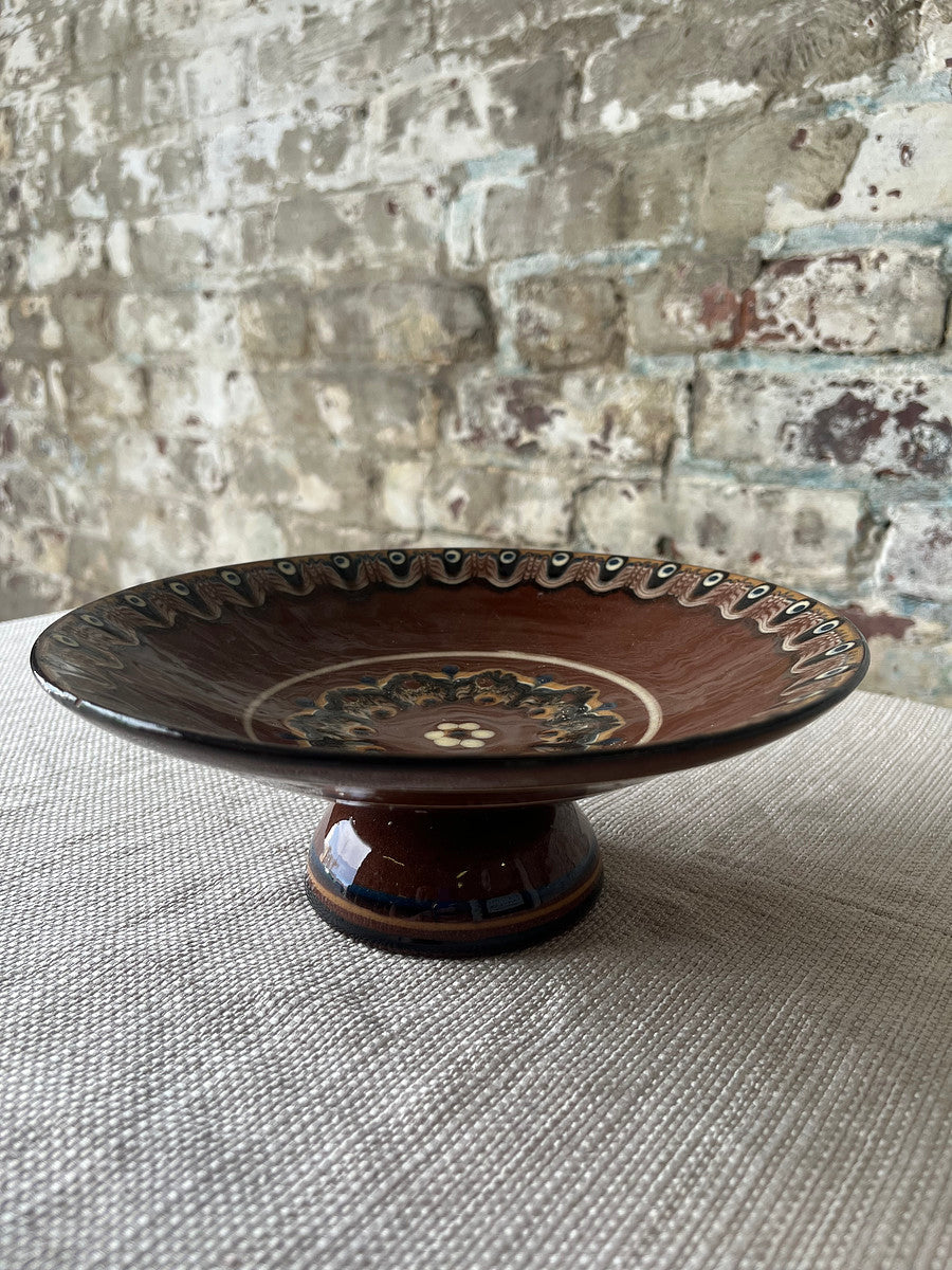 Vintage Romanian Pottery Pedestal Bowl – Handcrafted Folk Art