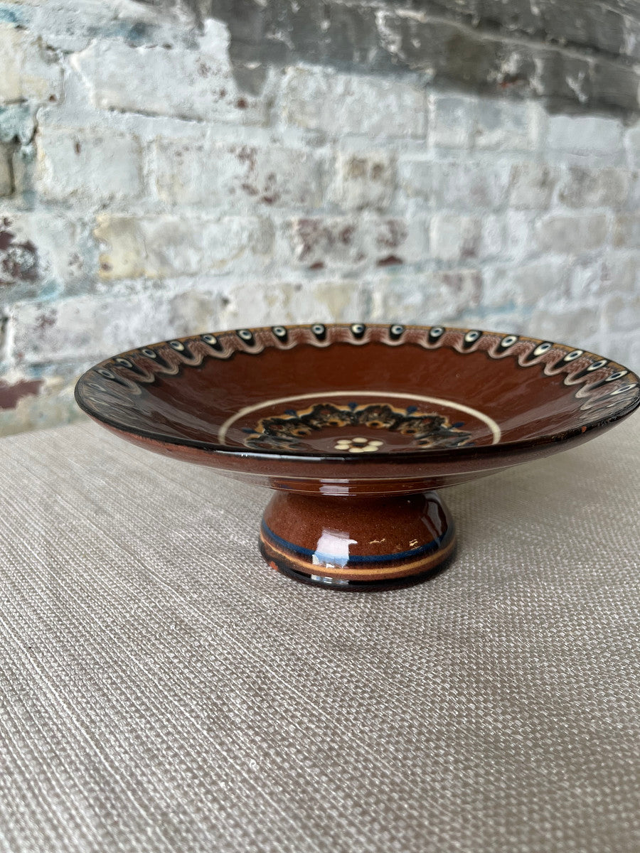 Vintage Romanian Pottery Pedestal Bowl – Handcrafted Folk Art