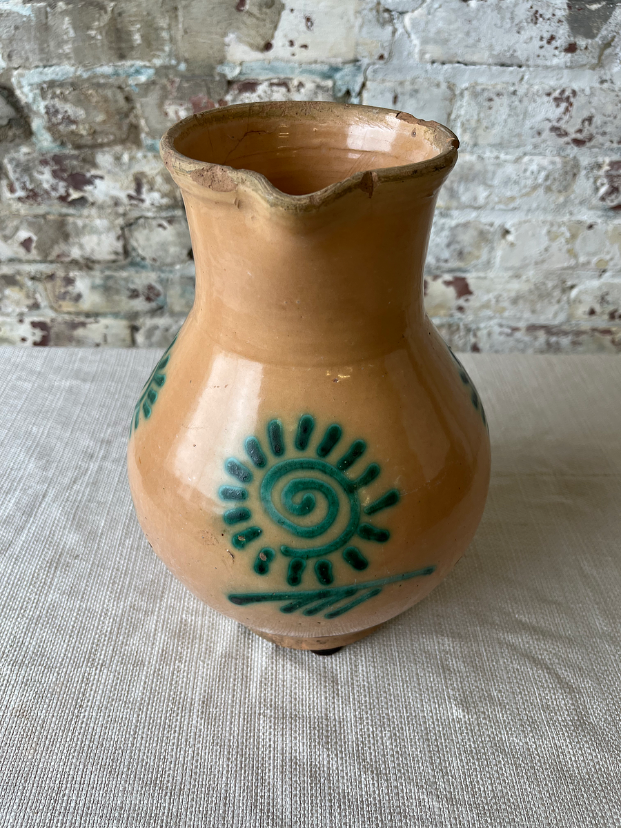 Vintage Hand-Painted Terracotta Pitcher with Sunburst Motif