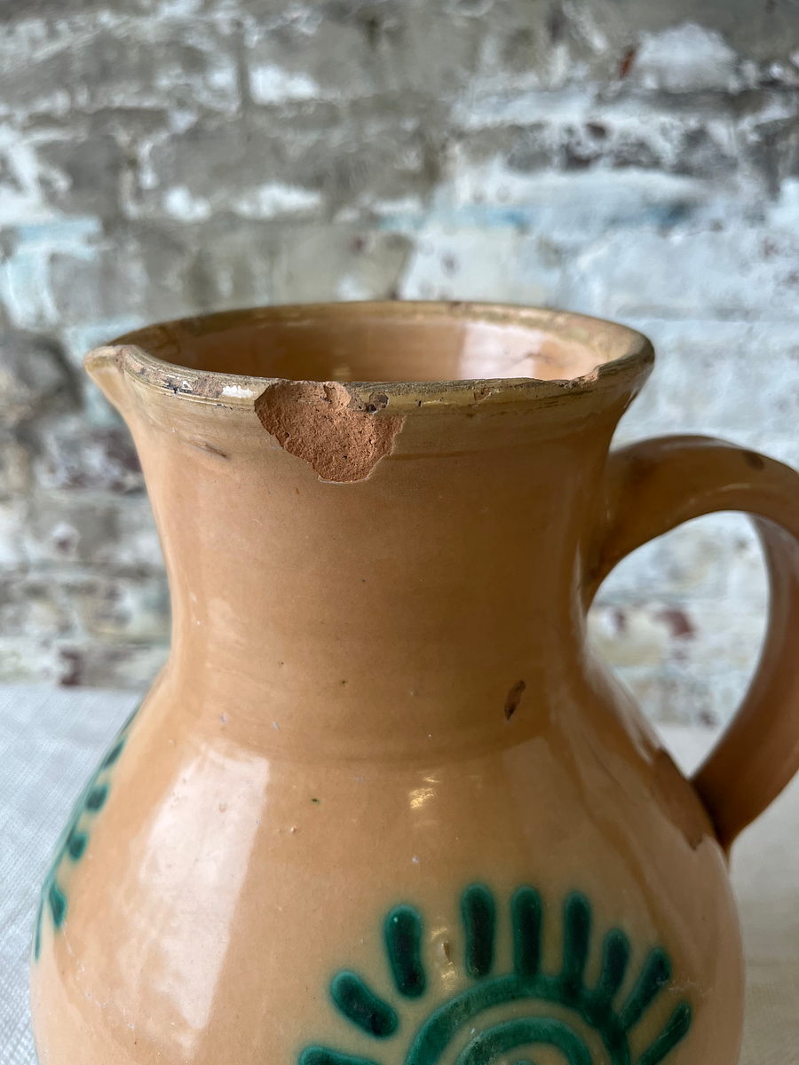 Vintage Hand-Painted Terracotta Pitcher with Sunburst Motif