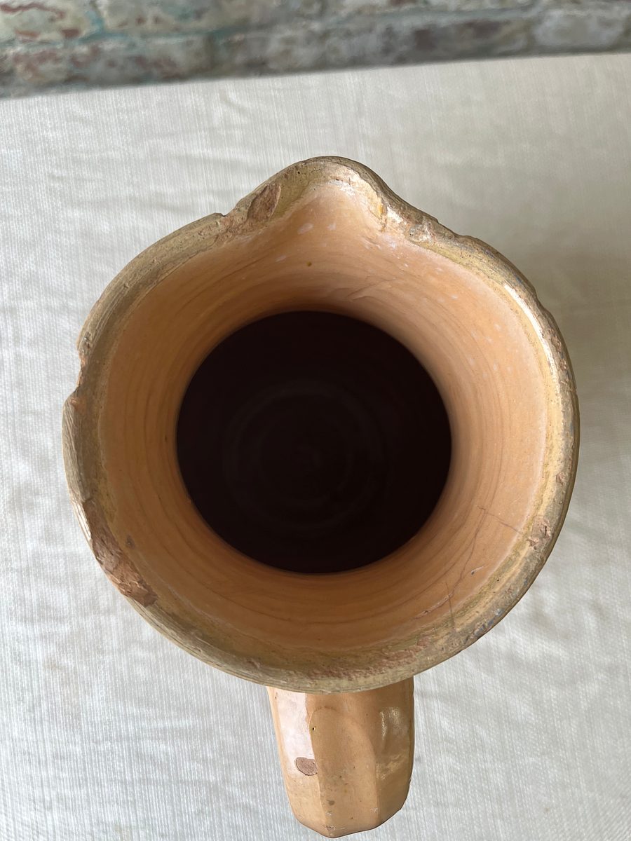 Vintage Hand-Painted Terracotta Pitcher with Sunburst Motif