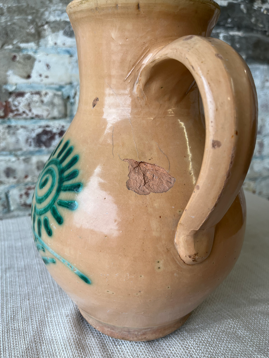 Vintage Hand-Painted Terracotta Pitcher with Sunburst Motif