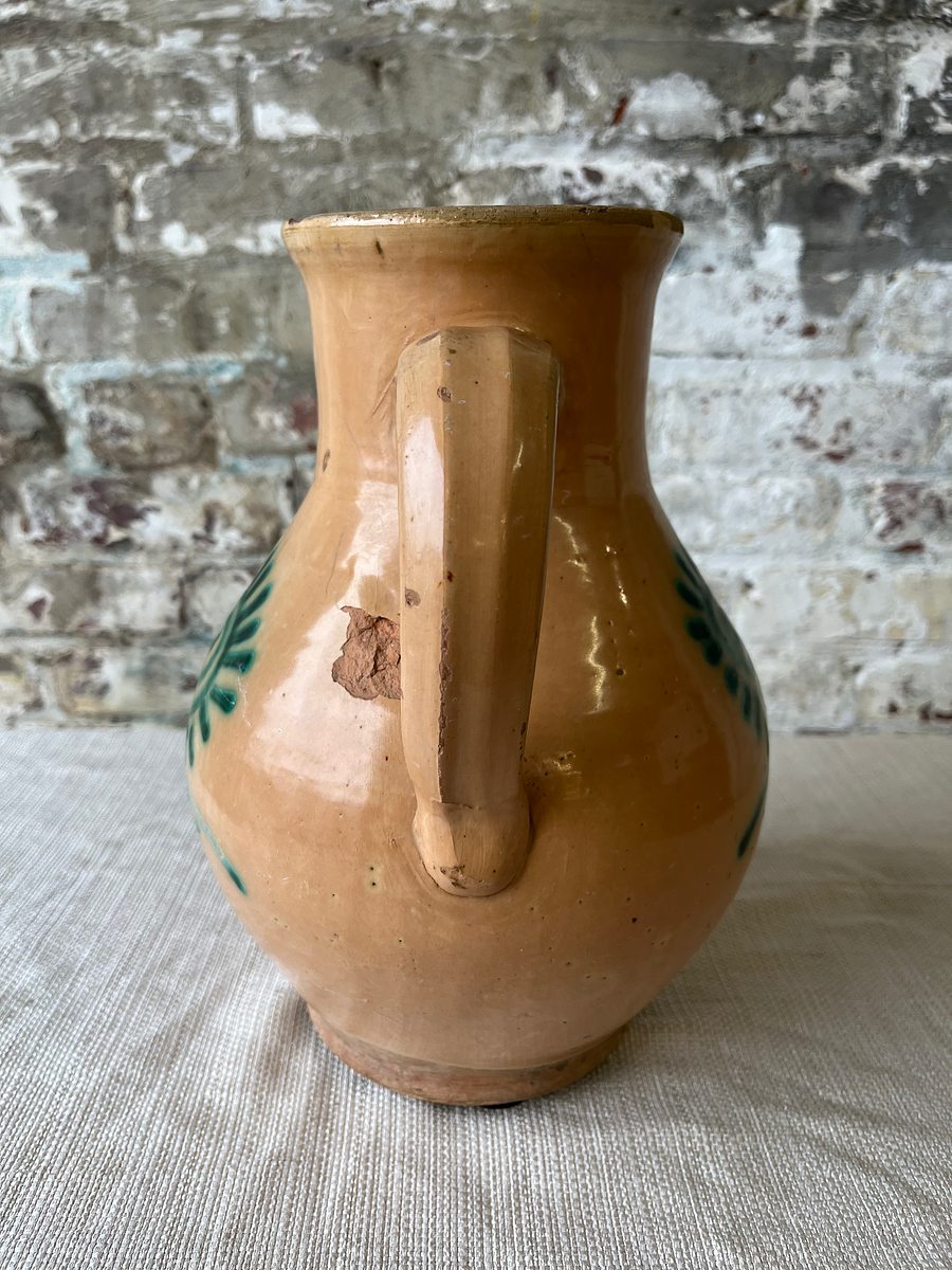 Vintage Hand-Painted Terracotta Pitcher with Sunburst Motif