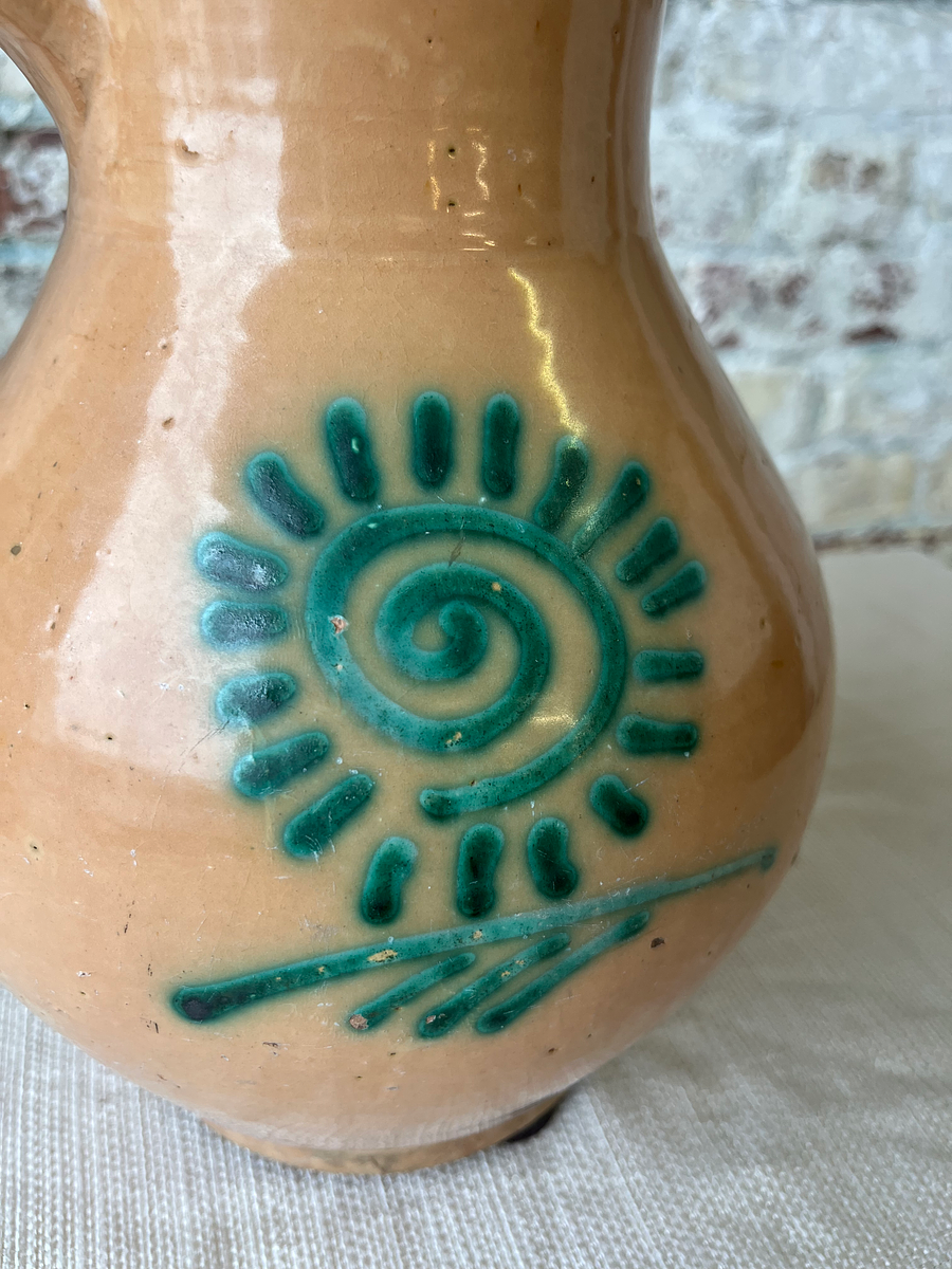 Vintage Hand-Painted Terracotta Pitcher with Sunburst Motif