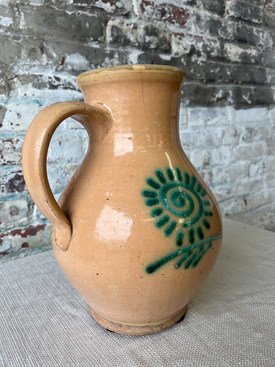 Vintage Hand-Painted Terracotta Pitcher with Sunburst Motif