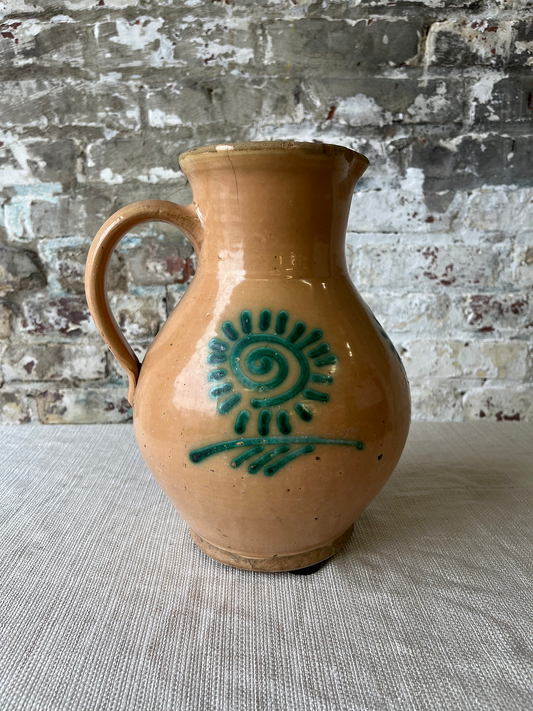Vintage Hand-Painted Terracotta Pitcher with Sunburst Motif
