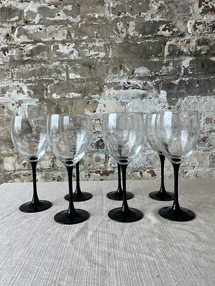 Set of 7 Vintage Black Stem Wine Glasses
