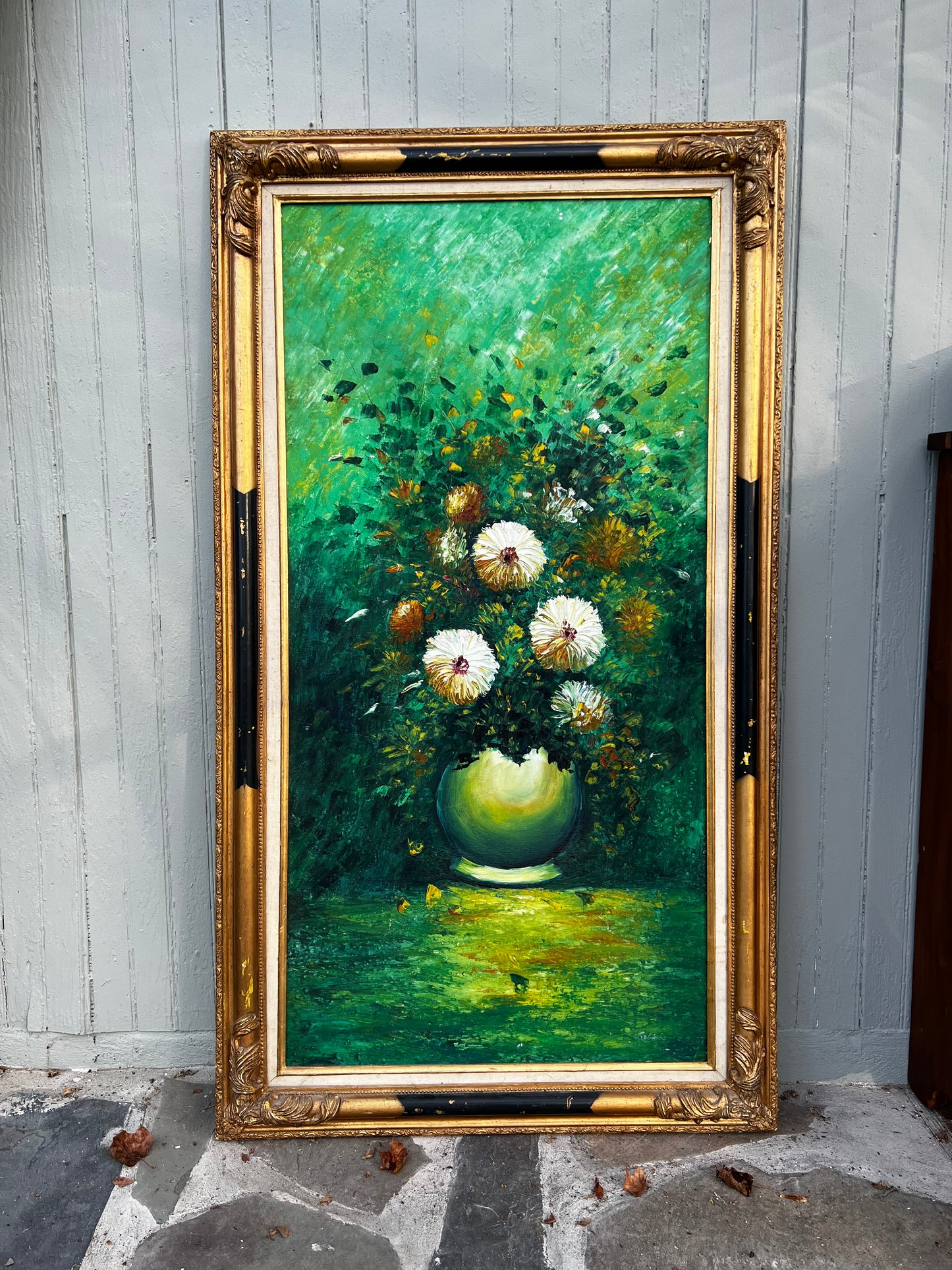 Oversized Vintage Floral Oil on Canvas in Painted Gold and Black Frame